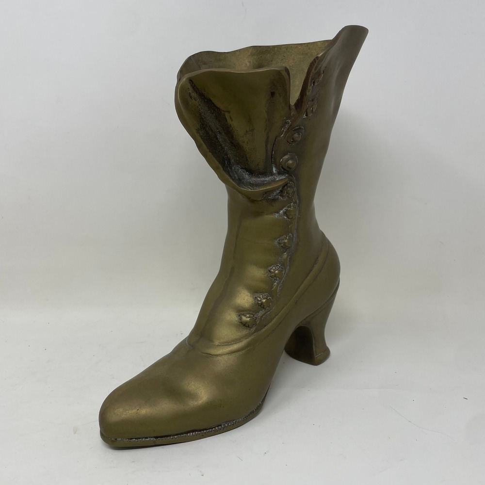 Vintage Brass Victorian Button Boot‎ Vase Decorative Figurine Heavy Metal 8.5in
